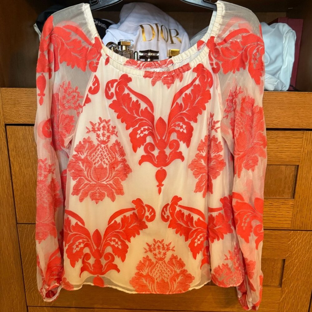 Alexis XS 100% silk red ivory sheer sleeve blouse top